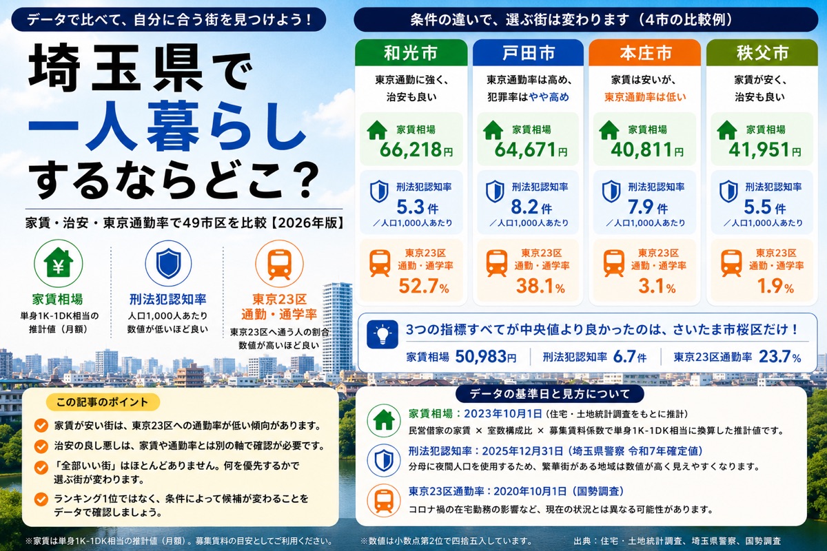 埼玉県で一人暮らしするならどこ?家賃・治安・東京通勤率で49市区を比較【2026年版】